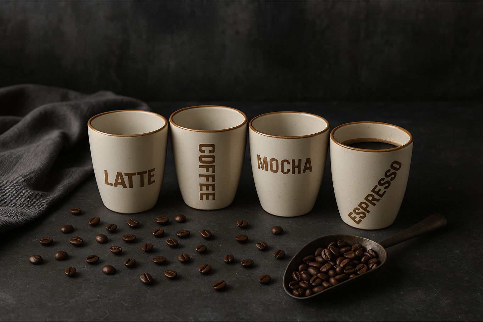 Set 4 căni pentru cafea, Alpina, Coffee - Espresso - Latte - Mocha, 280 ml